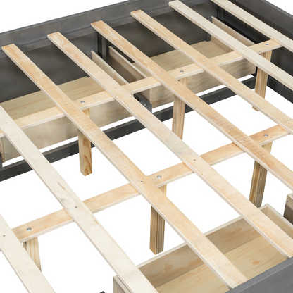 Start2Finish platform bed frame with solid wood and MDF, featuring four storage drawers, footboard cubby, and headboard for bedroom.