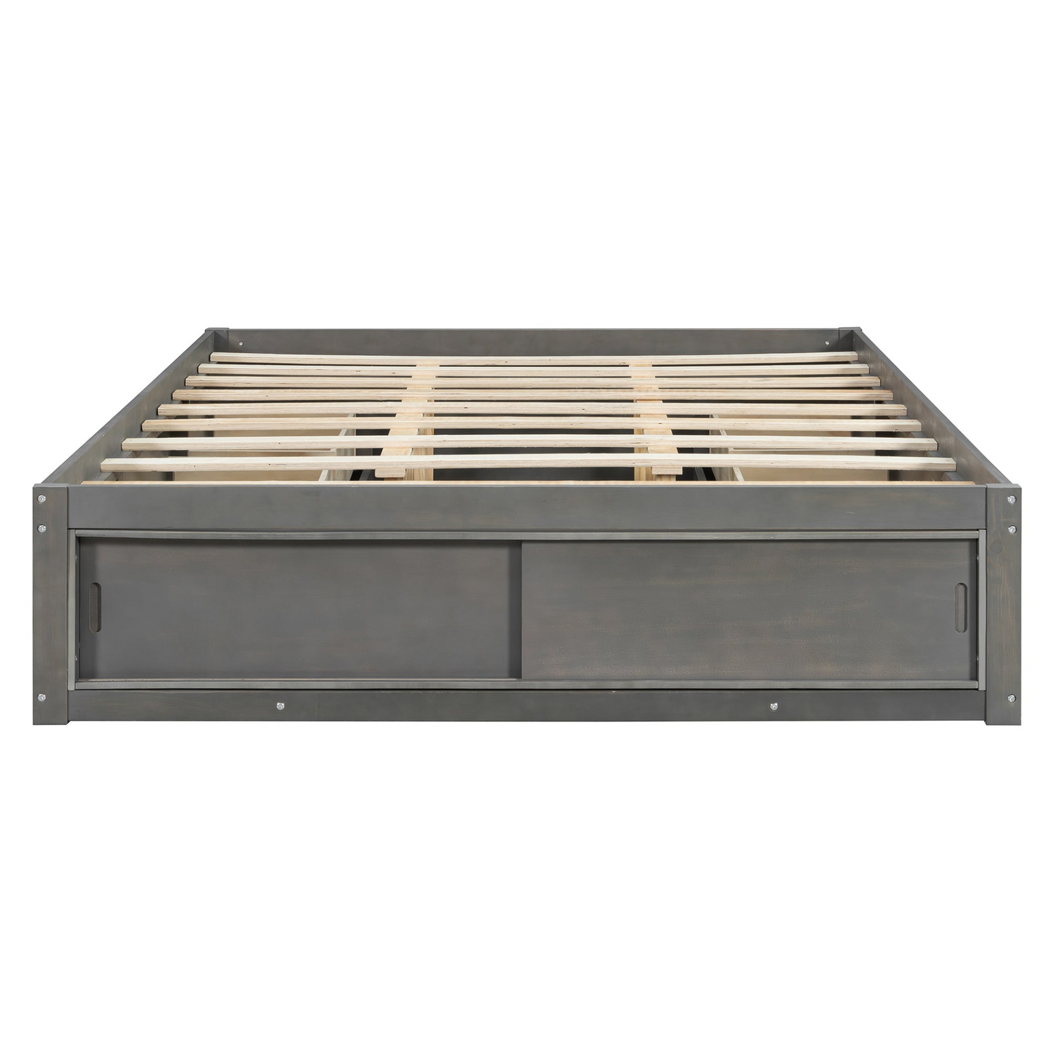 Solid wood platform bed frame by Start2Finish with four storage drawers, footboard cubby, and upholstered headboard for bedroom or guest room