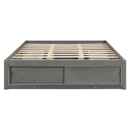 Solid wood platform bed frame by Start2Finish with four storage drawers, footboard cubby, and upholstered headboard for bedroom or guest room