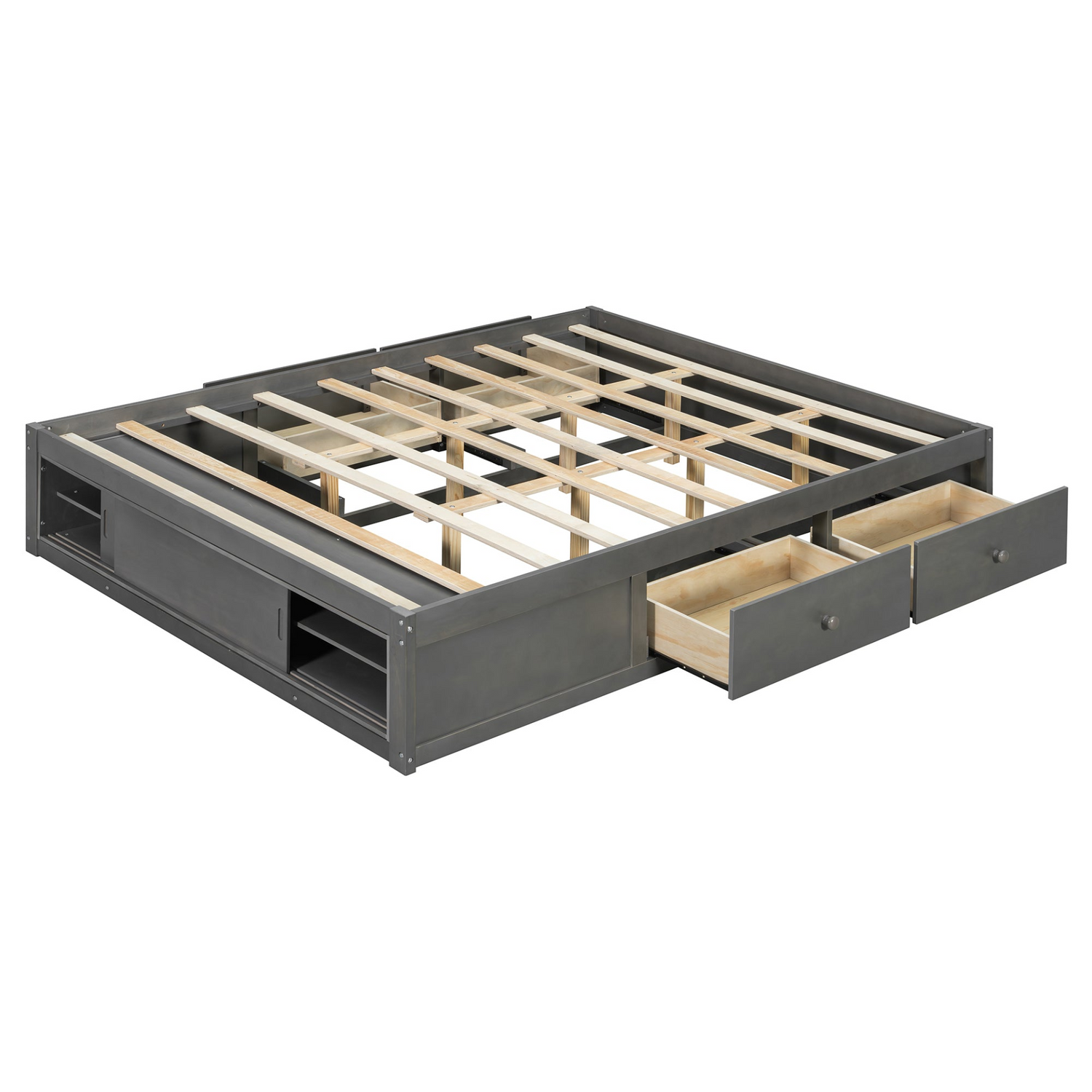 Start2Finish platform bed frame with solid wood and MDF, featuring four storage drawers, footboard cubby, and headboard for bedroom decor.