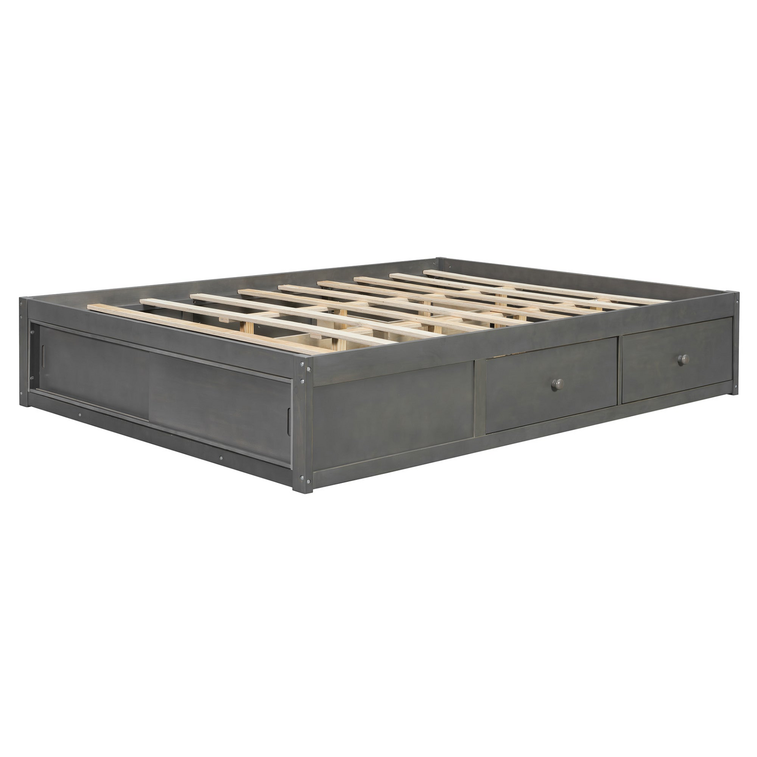 Start2Finish platform bed frame in solid wood and MDF with four storage drawers, footboard cubby, and headboard for bedroom.
