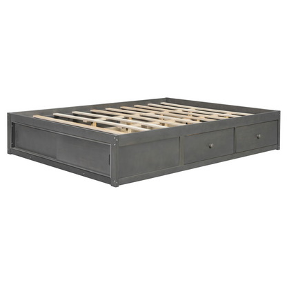 Start2Finish platform bed frame in solid wood and MDF with four storage drawers, footboard cubby, and headboard for bedroom.
