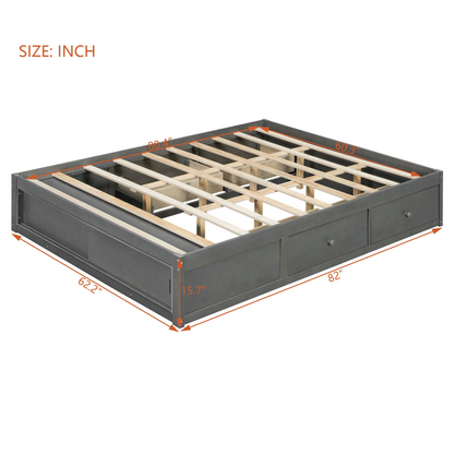 Solid wood platform bed frame with storage drawers, footboard cubby, and headboard, ideal for bedroom or guest room furniture.