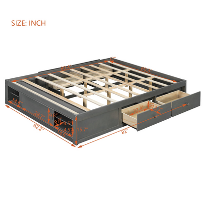 Solid wood platform bed frame with four storage drawers, footboard cubby, and headboard for bedroom or guest room.