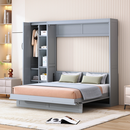 Start2Finish Murphy queen wall bed with MDF and LVL, shelves, wardrobe storage, and integrated LED light for bedroom or home office
