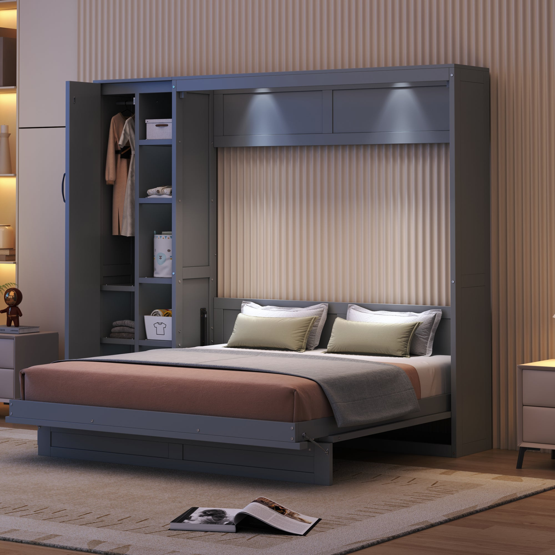 Start2Finish Murphy queen wall bed with shelves, wardrobe storage, and integrated LED light for bedroom or home office use.