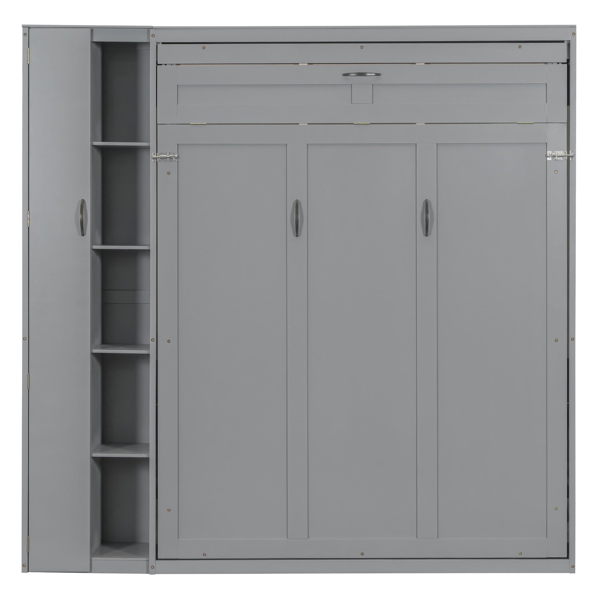 Start2Finish Murphy queen wall bed with shelves, wardrobe storage, and LED light for bedroom or home office.