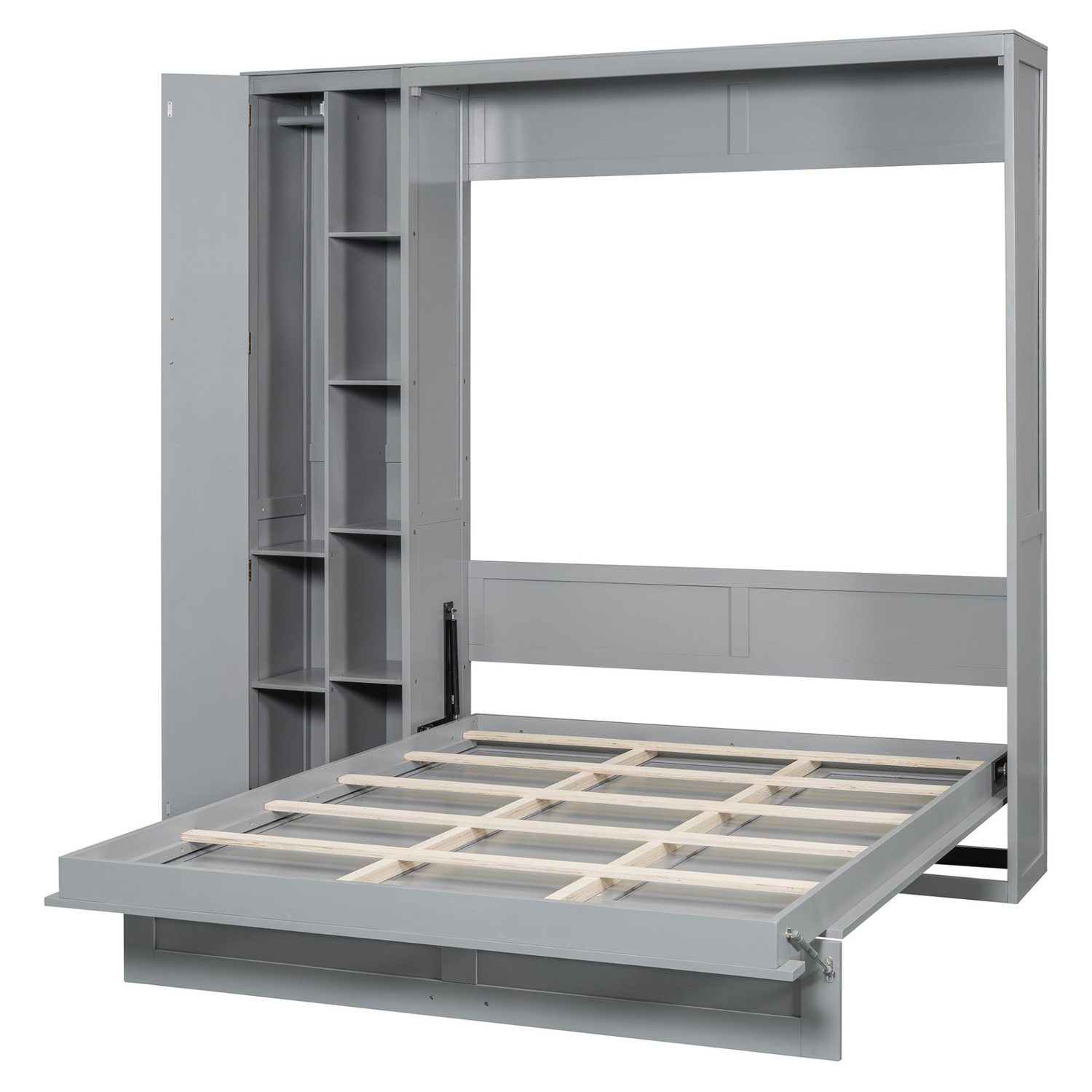 Start2Finish Murphy wall bed in queen size with built-in shelves, wardrobe storage, and LED lighting for bedroom or home office.