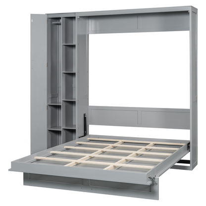 Start2Finish Murphy wall bed in queen size with built-in shelves, wardrobe storage, and LED lighting for bedroom or home office.