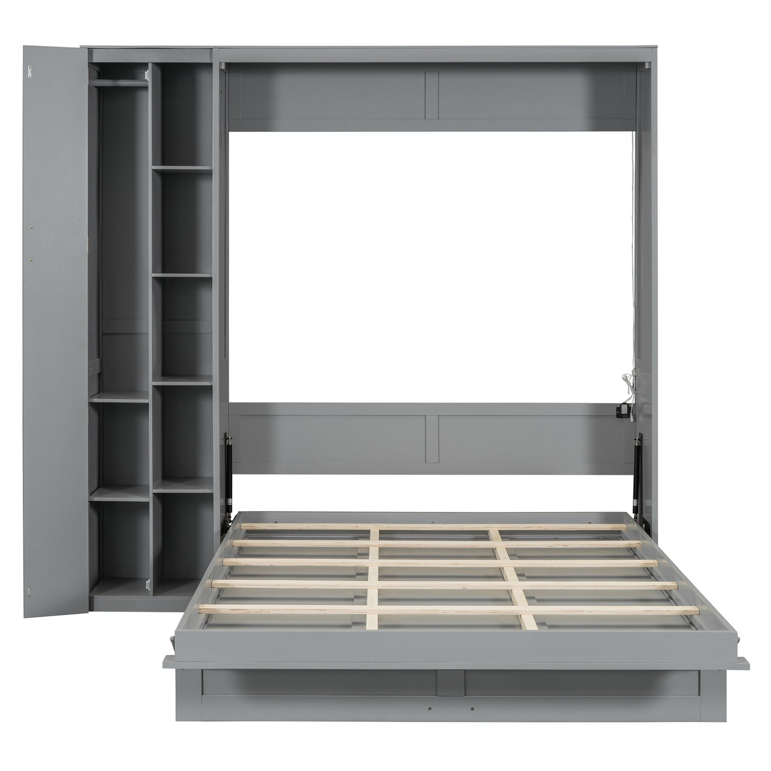 Start2Finish Murphy queen wall bed with shelves, wardrobe storage, MDF, LVL, and integrated LED lighting for bedroom or home office