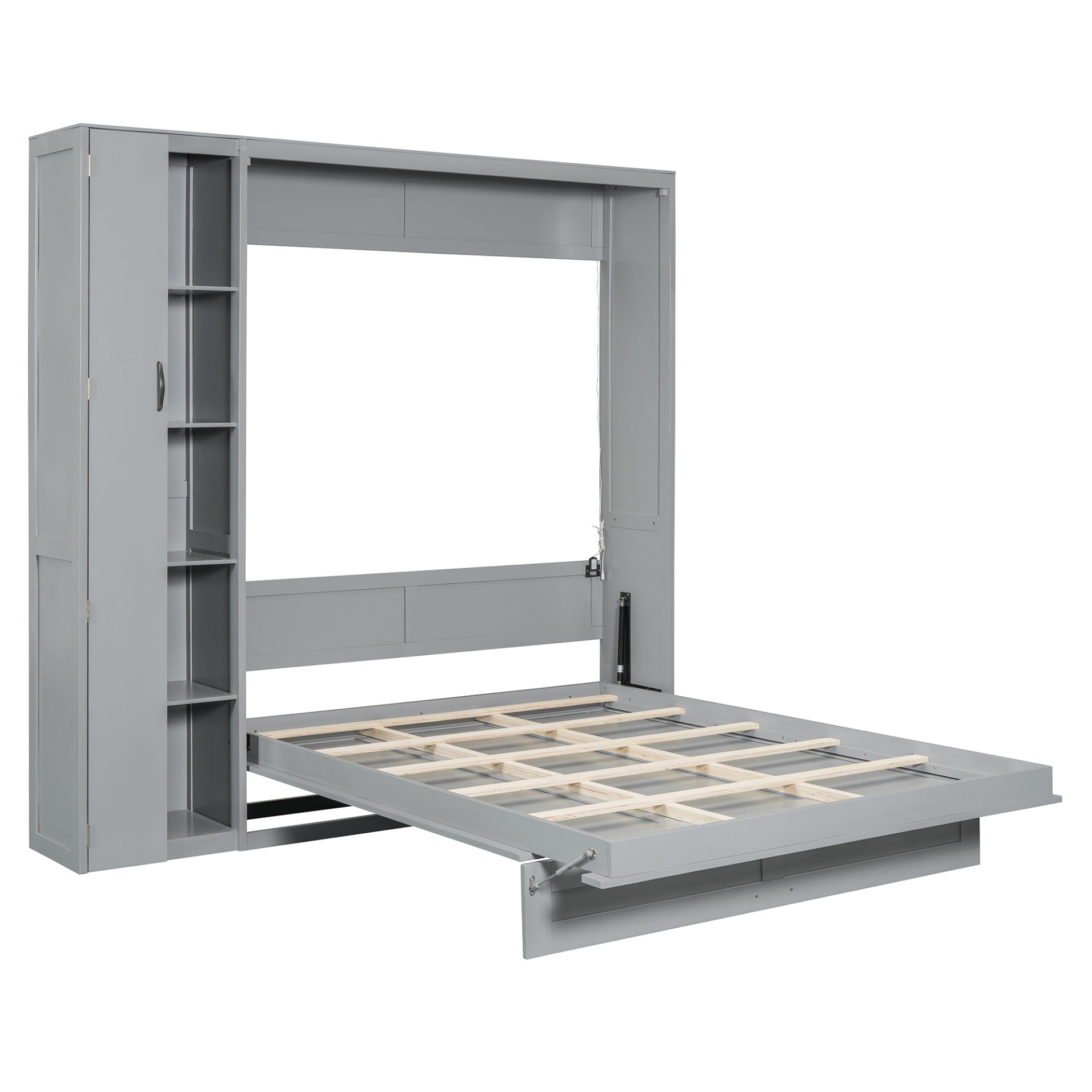 Start2Finish Murphy wall bed in queen size with shelves, wardrobe storage, and LED light for bedroom or home office setup.