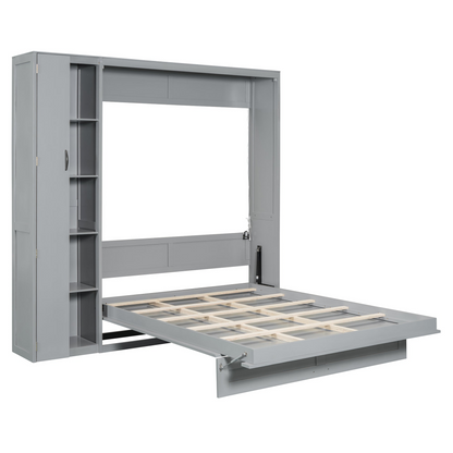 Start2Finish Murphy wall bed in queen size with shelves, wardrobe storage, and LED light for bedroom or home office setup.