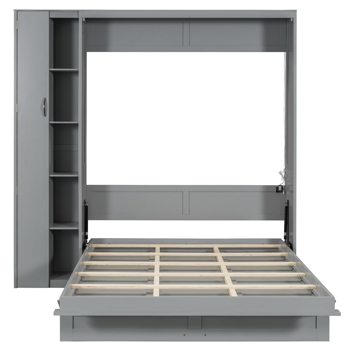 Start2Finish Murphy queen wall bed with shelves, wardrobe storage, MDF and LVL construction, featuring integrated LED lighting.