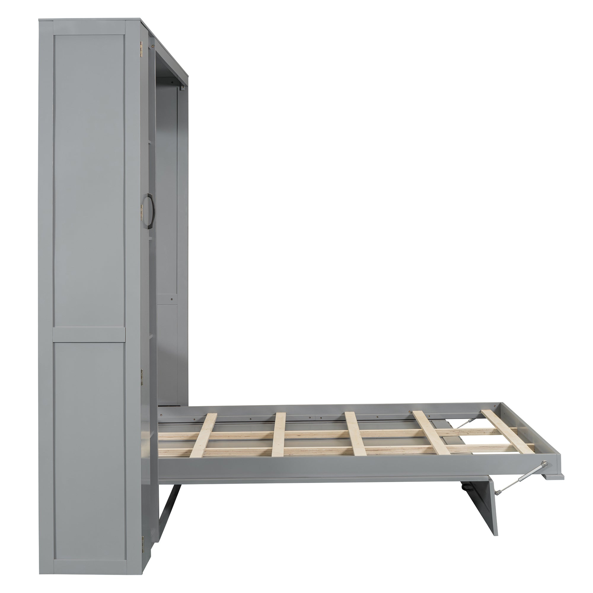 Start2Finish Murphy queen wall bed with shelves, wardrobe storage, and LED light feature in a modern bedroom or home office setting