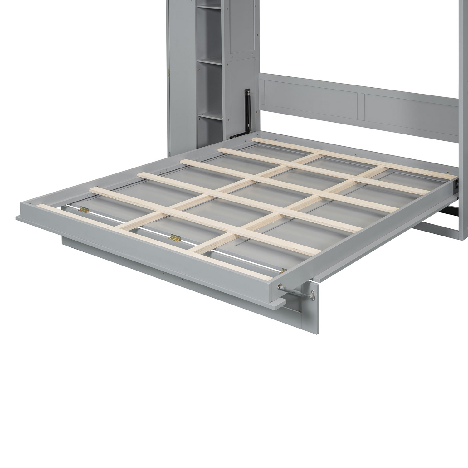 Start2Finish Murphy queen wall bed with shelves, wardrobe storage, and LED light, ideal for bedroom or home office.