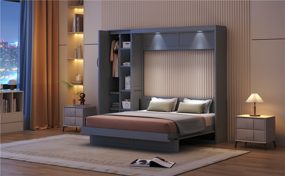 Start2Finish Murphy queen wall bed with shelves, wardrobe storage, and LED light for bedroom or home office space.