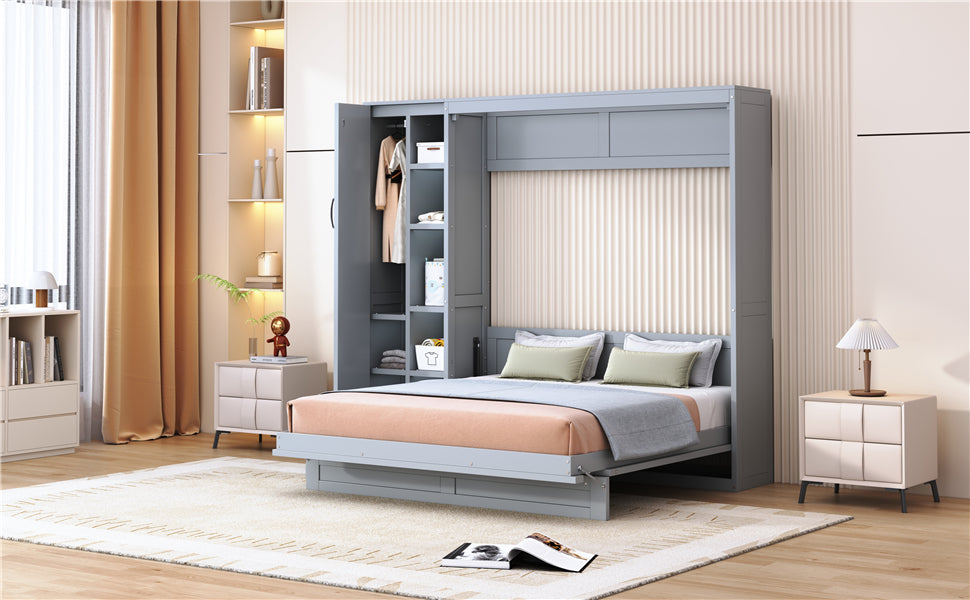Murphy queen size wall bed by Start2Finish with shelves, wardrobe storage, MDF and LVL construction, and built-in LED light for bedroom or home office