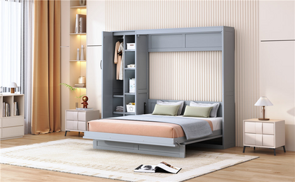 Murphy queen size wall bed by Start2Finish with shelves, wardrobe storage, MDF and LVL construction, and built-in LED light for bedroom or home office