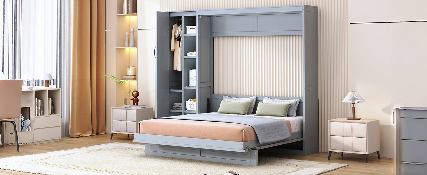 Start2Finish Murphy queen wall bed with shelves, wardrobe storage, MDF and LVL materials, and integrated LED lighting in a bedroom or home office.