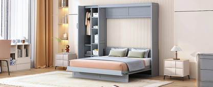 Start2Finish Murphy queen wall bed with shelves, wardrobe storage, MDF and LVL materials, and integrated LED lighting in a bedroom or home office.