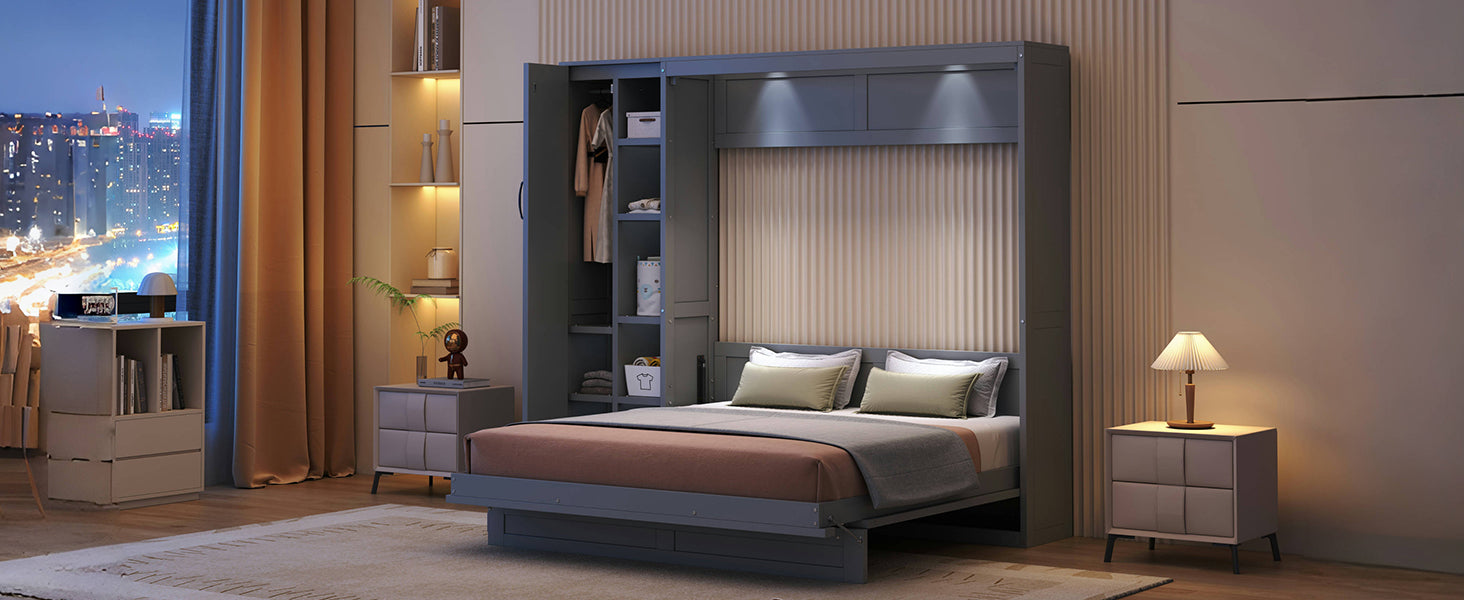 Start2Finish queen size Murphy wall bed with MDF, LVL, shelves, wardrobe storage, and LED light for bedroom or home office.