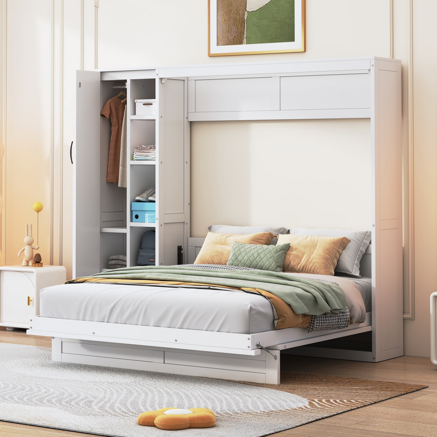 Start2Finish Murphy queen wall bed with shelves, wardrobe storage, and LED light for bedroom or home office use.