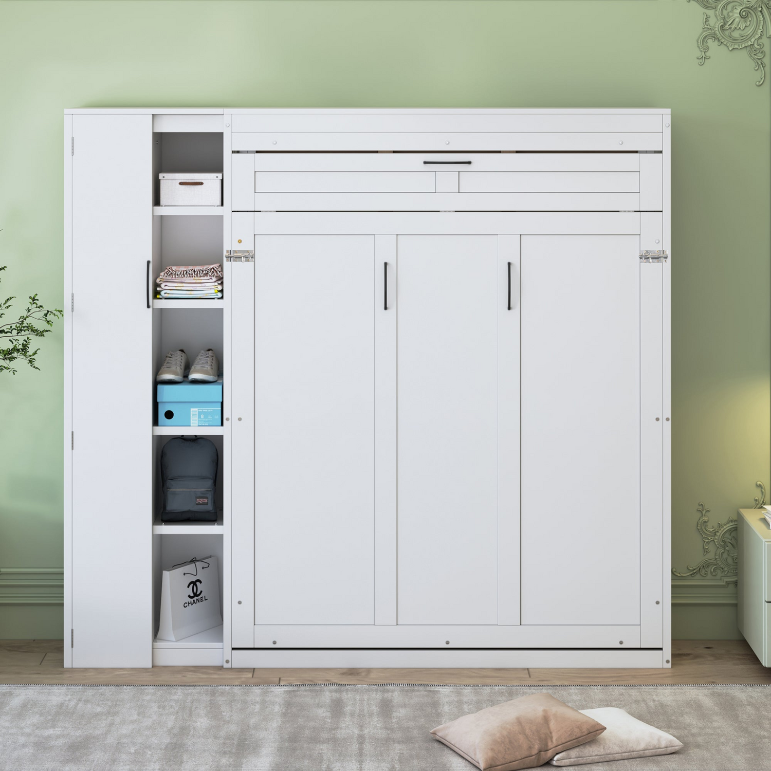 Murphy queen size wall bed by Start2Finish with MDF and LVL, featuring shelves, wardrobe storage, and integrated LED lighting.
