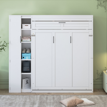 Murphy queen size wall bed by Start2Finish with MDF and LVL, featuring shelves, wardrobe storage, and integrated LED lighting.