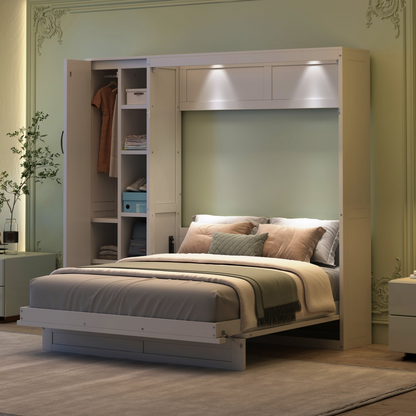 Start2Finish Murphy queen wall bed with MDF and LVL, includes shelves, wardrobe storage, and LED light for bedroom or home office.