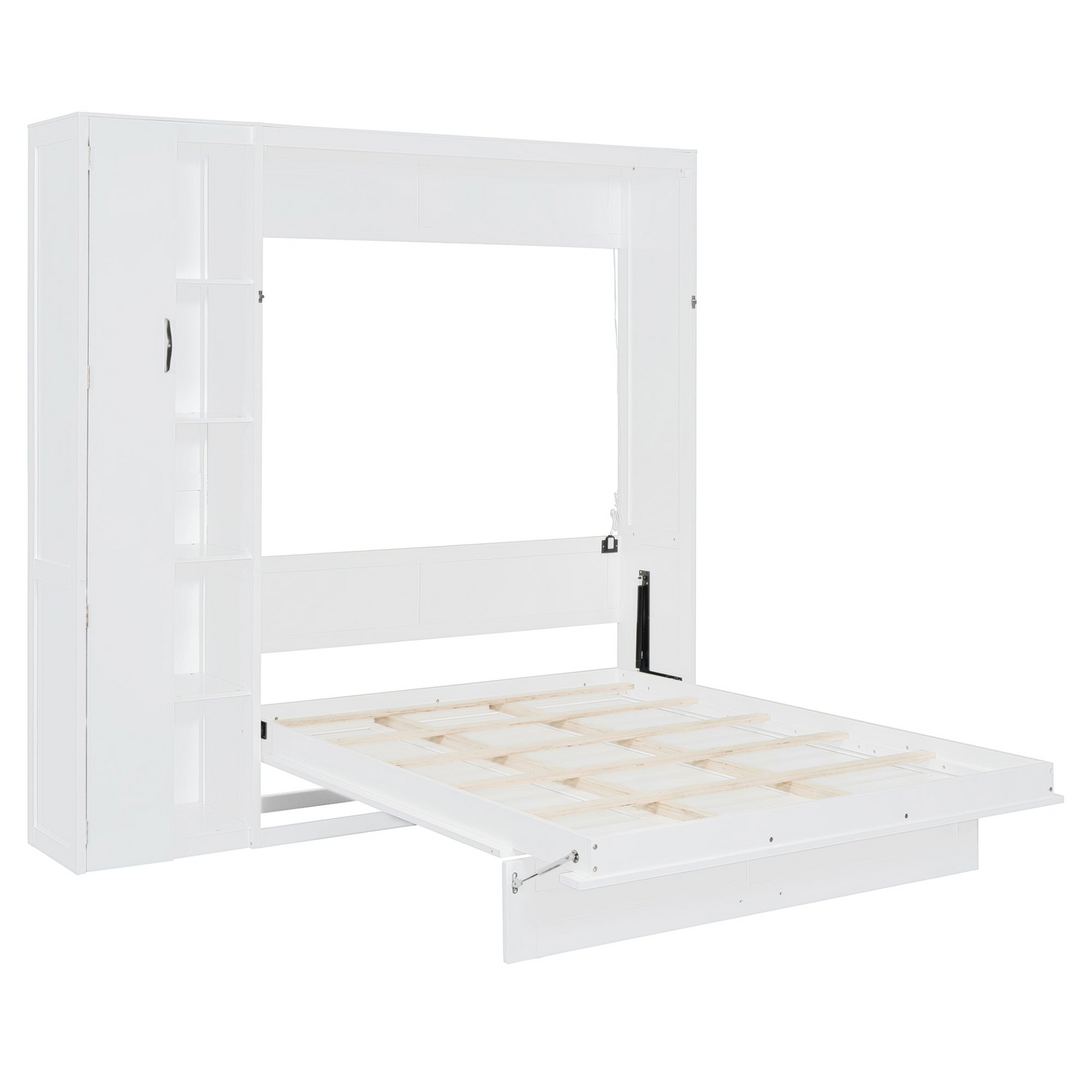 Start2Finish Murphy queen wall bed with shelves, wardrobe storage, and LED light for bedroom or home office setup.