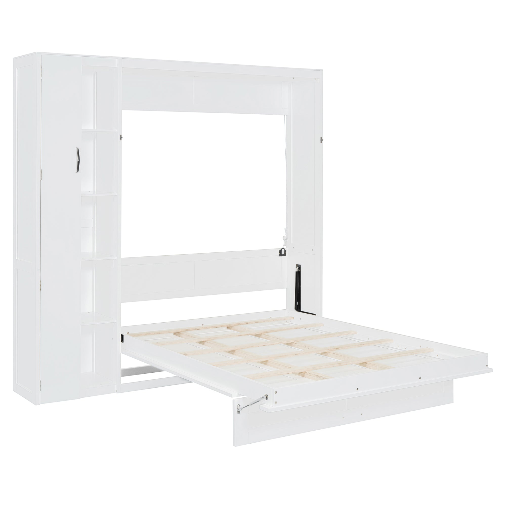 Start2Finish Murphy queen wall bed with shelves, wardrobe storage, and LED light for bedroom or home office setup.
