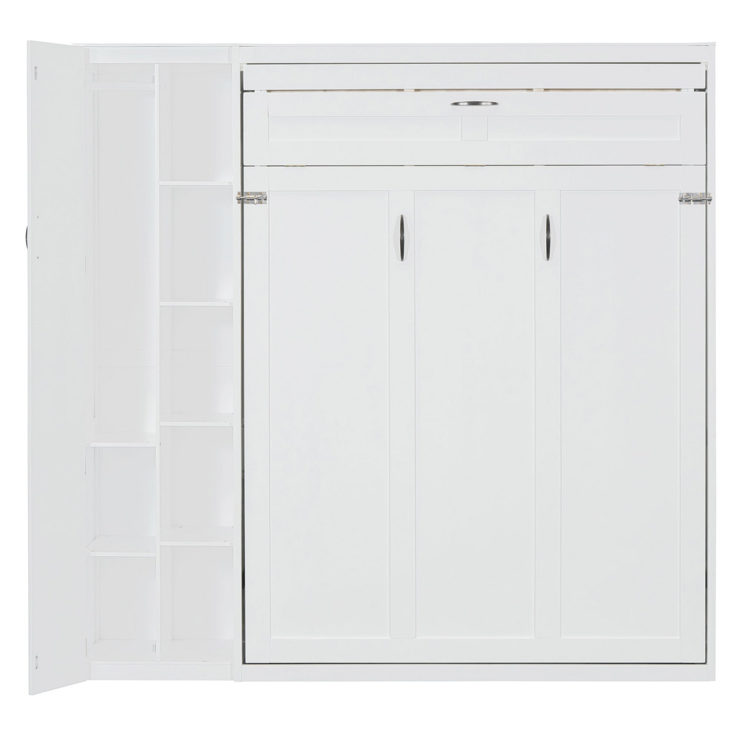 Start2Finish Murphy Queen Wall Bed with shelves, wardrobe storage, and LED lighting, ideal for bedroom or home office use.