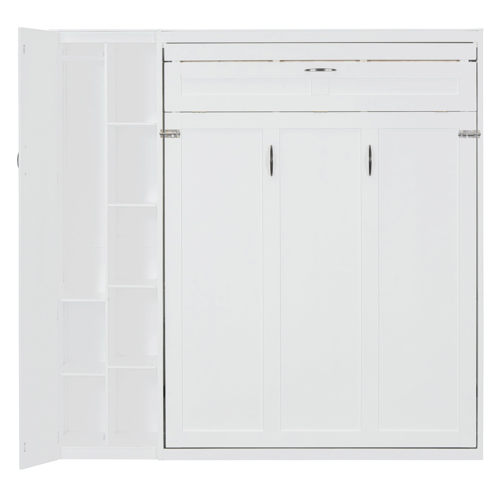 Start2Finish Murphy Queen Wall Bed with shelves, wardrobe storage, and LED lighting, ideal for bedroom or home office use.