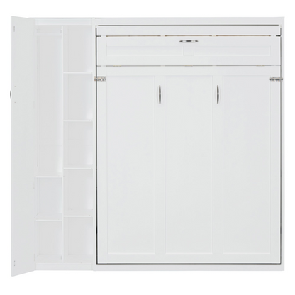 Start2Finish Murphy Queen Wall Bed with shelves, wardrobe storage, and LED lighting, ideal for bedroom or home office use.