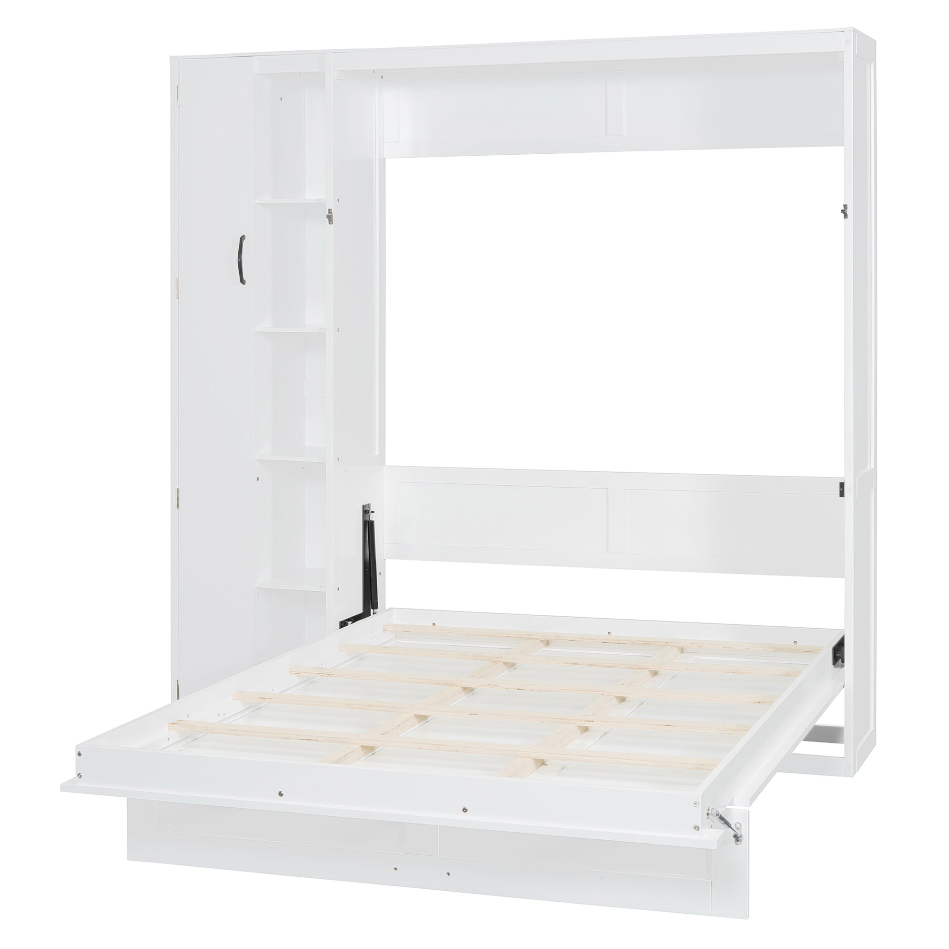Start2Finish Murphy queen wall bed with shelves, wardrobe storage, and LED light for bedroom or home office use.