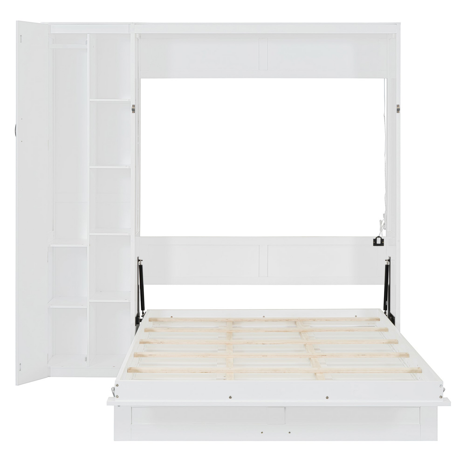 Start2Finish Murphy wall bed in queen size with shelves, wardrobe storage, and built-in LED light for bedroom or home office.
