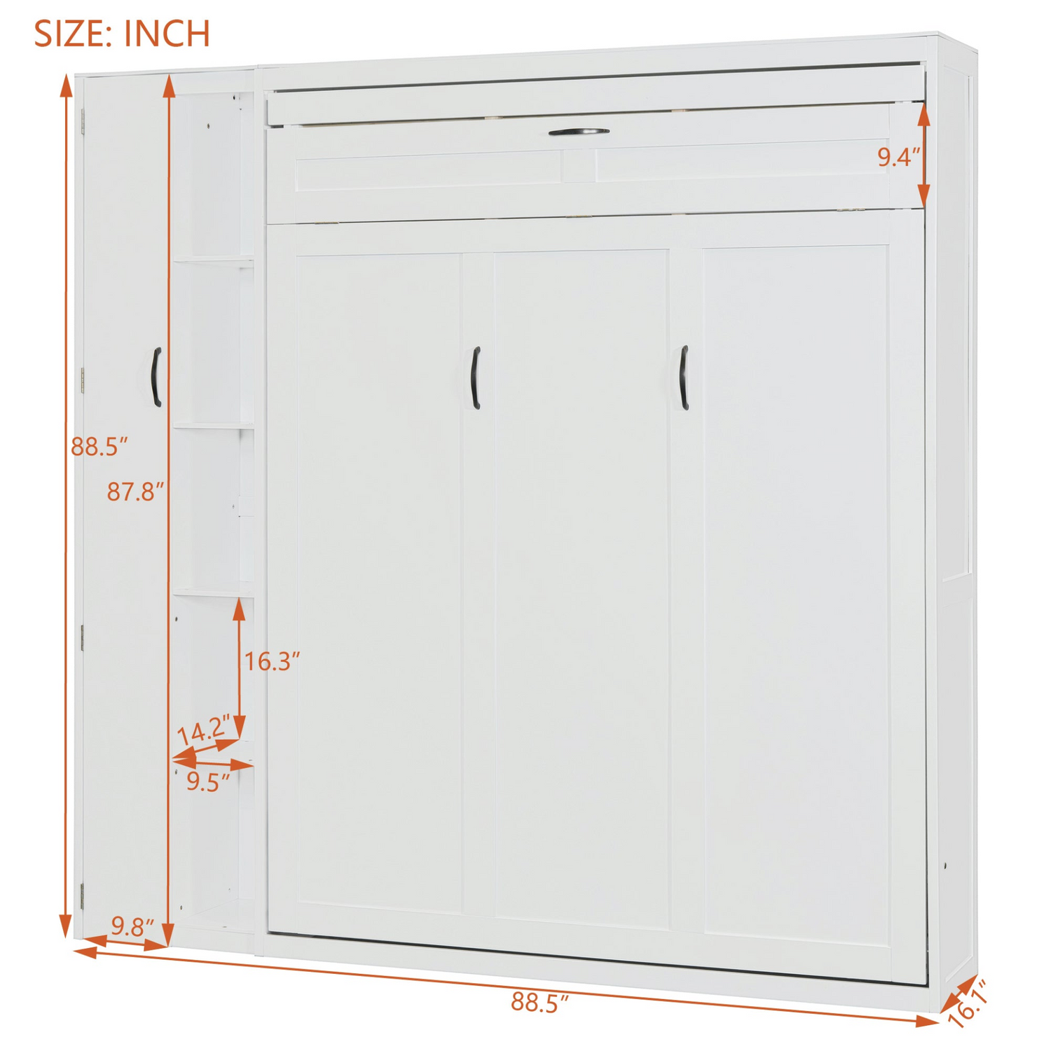 Start2Finish Murphy queen wall bed with shelves, wardrobe storage, and LED light for bedroom or home office.