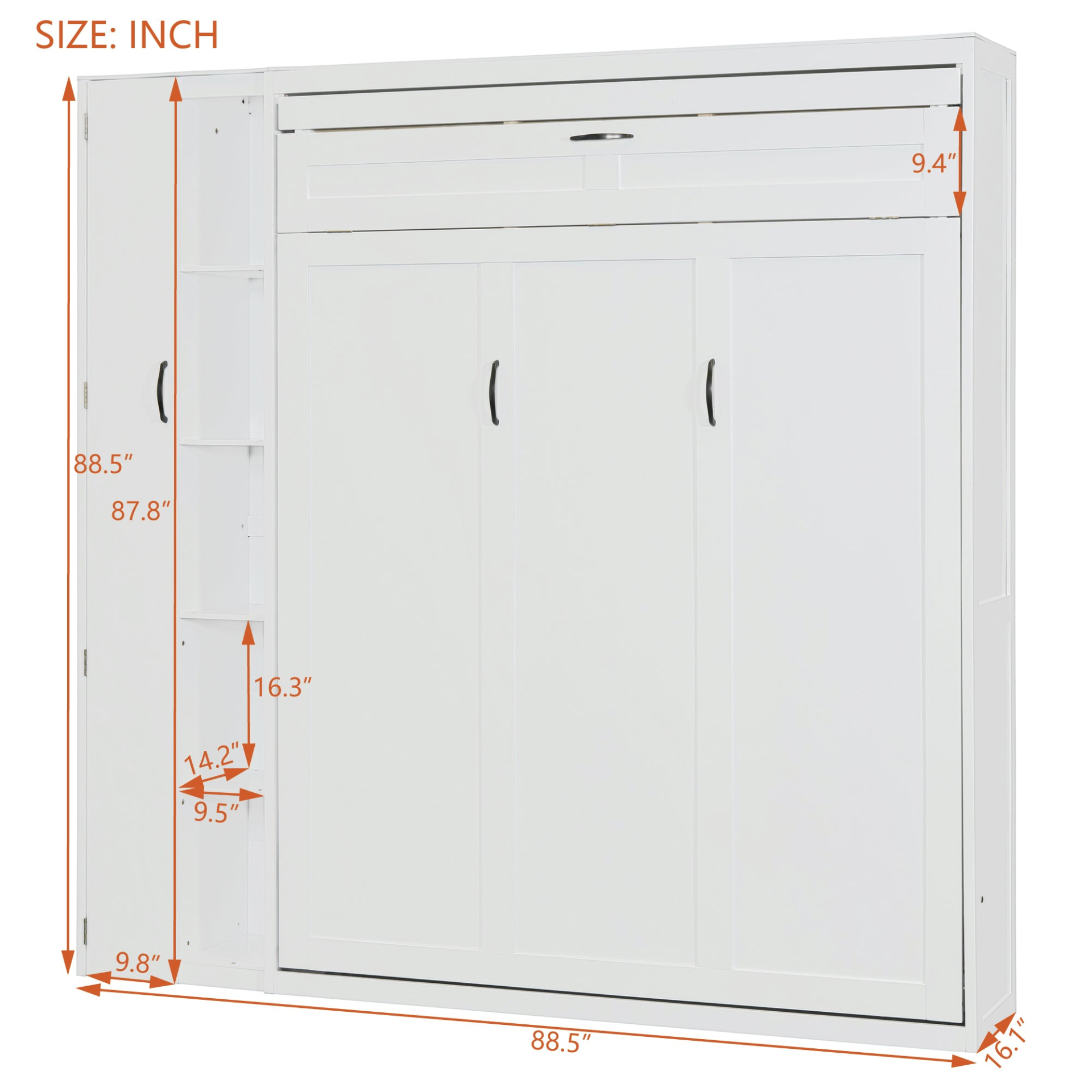 Start2Finish Murphy queen wall bed with shelves, wardrobe storage, and LED light for bedroom or home office.