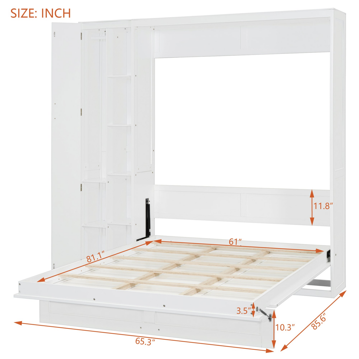 Murphy wall bed in queen size with shelves, wardrobe storage, and LED light, made of MDF and LVL for bedroom or home office.