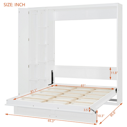 Murphy wall bed in queen size with shelves, wardrobe storage, and LED light, made of MDF and LVL for bedroom or home office.