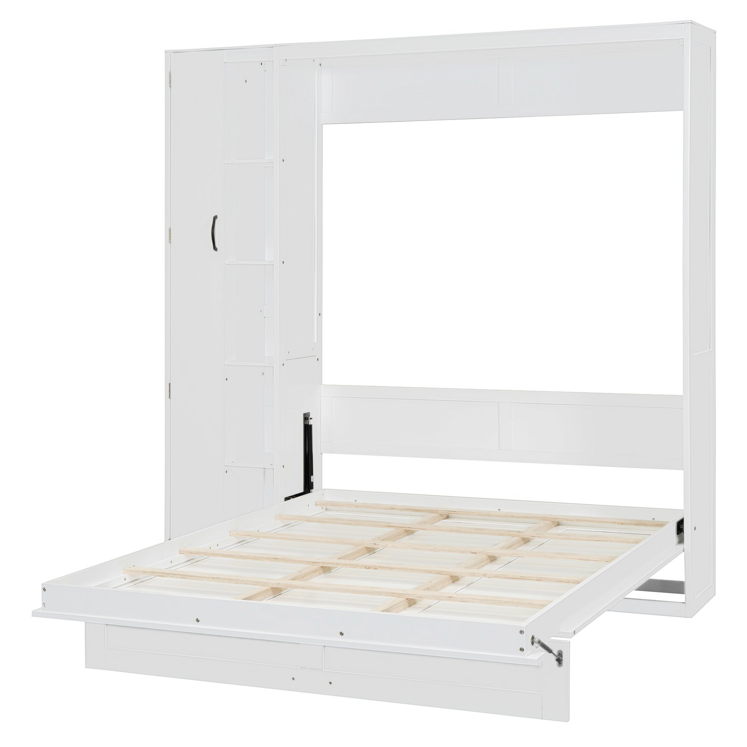 Start2Finish Murphy queen wall bed with shelves, wardrobe storage, and LED lighting, designed for bedroom or home office use.