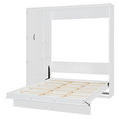 Start2Finish Murphy queen wall bed with shelves, wardrobe storage, and LED lighting, designed for bedroom or home office use.