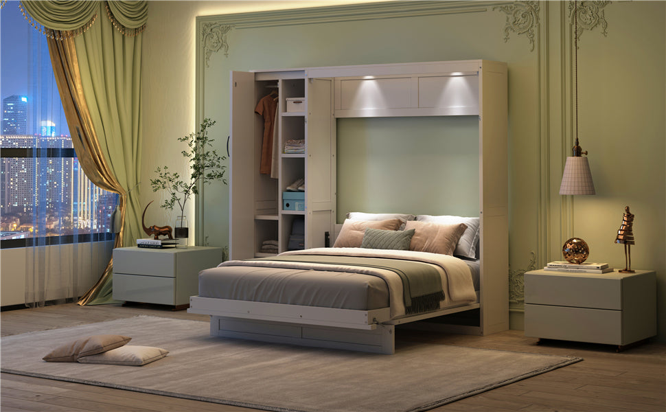 Start2Finish Murphy queen wall bed with shelves, wardrobe storage, and LED light for bedroom or home office use.