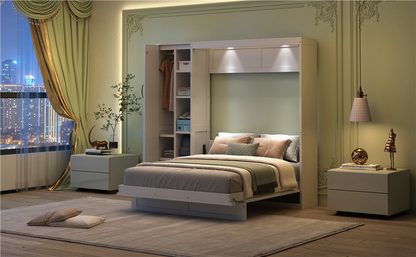 Start2Finish Murphy queen wall bed with shelves, wardrobe storage, and LED light for bedroom or home office use.