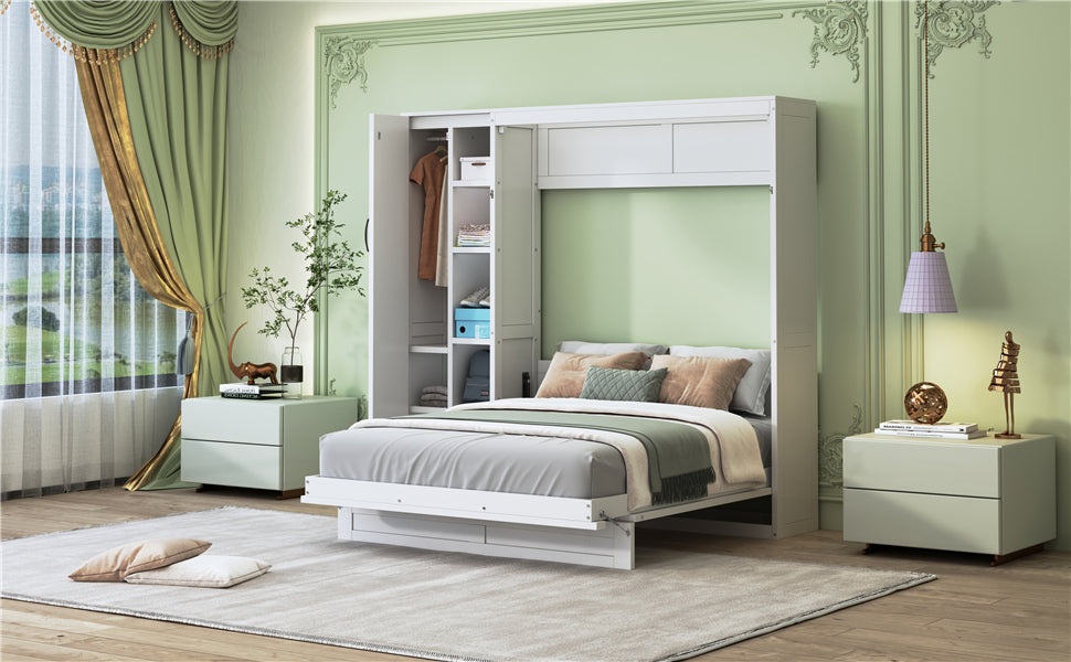 Start2Finish Murphy wall bed in queen size with shelves, wardrobe storage, and LED lighting, ideal for bedroom or home office.
