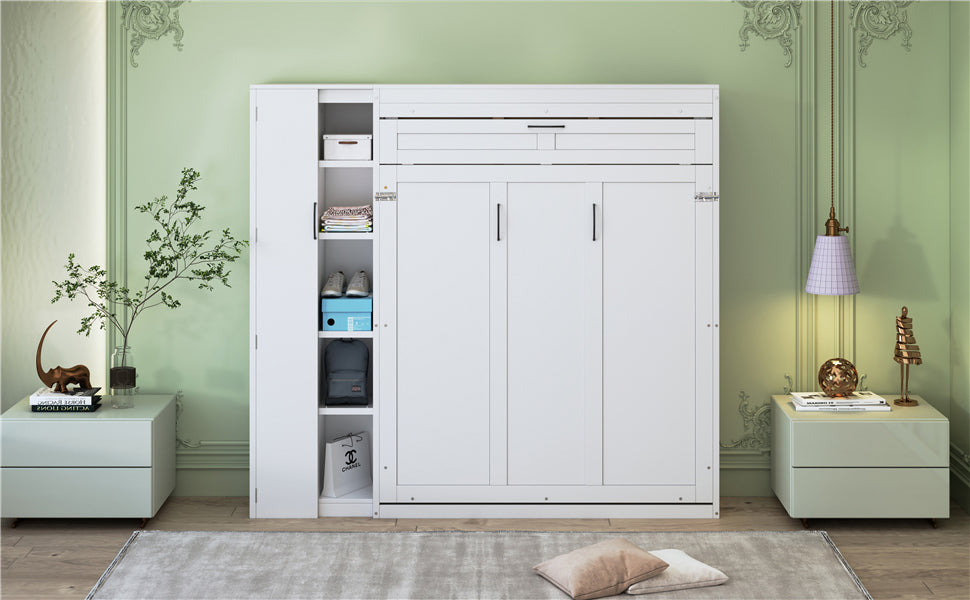Start2Finish Murphy queen wall bed with shelves, wardrobe storage, MDF and LVL construction, and integrated LED light for bedroom or home office