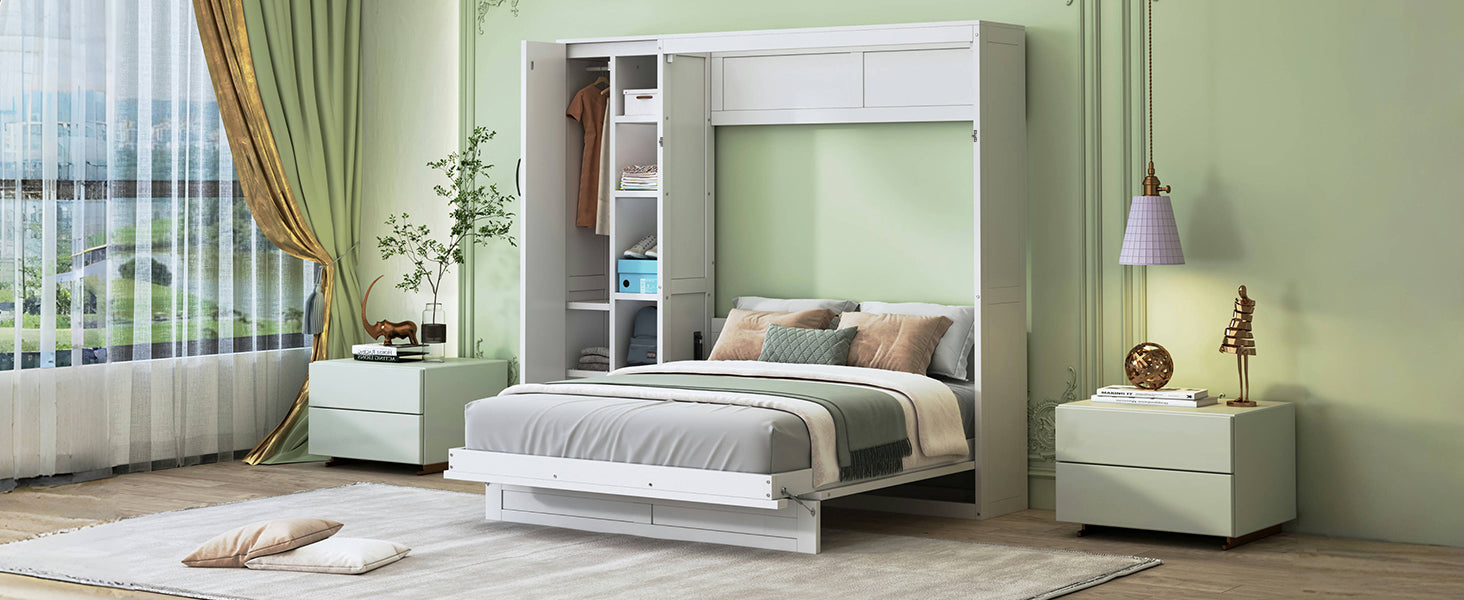 Murphy queen size wall bed by Start2Finish with MDF and LVL, shelves, wardrobe storage, and integrated LED light for bedroom or home office
