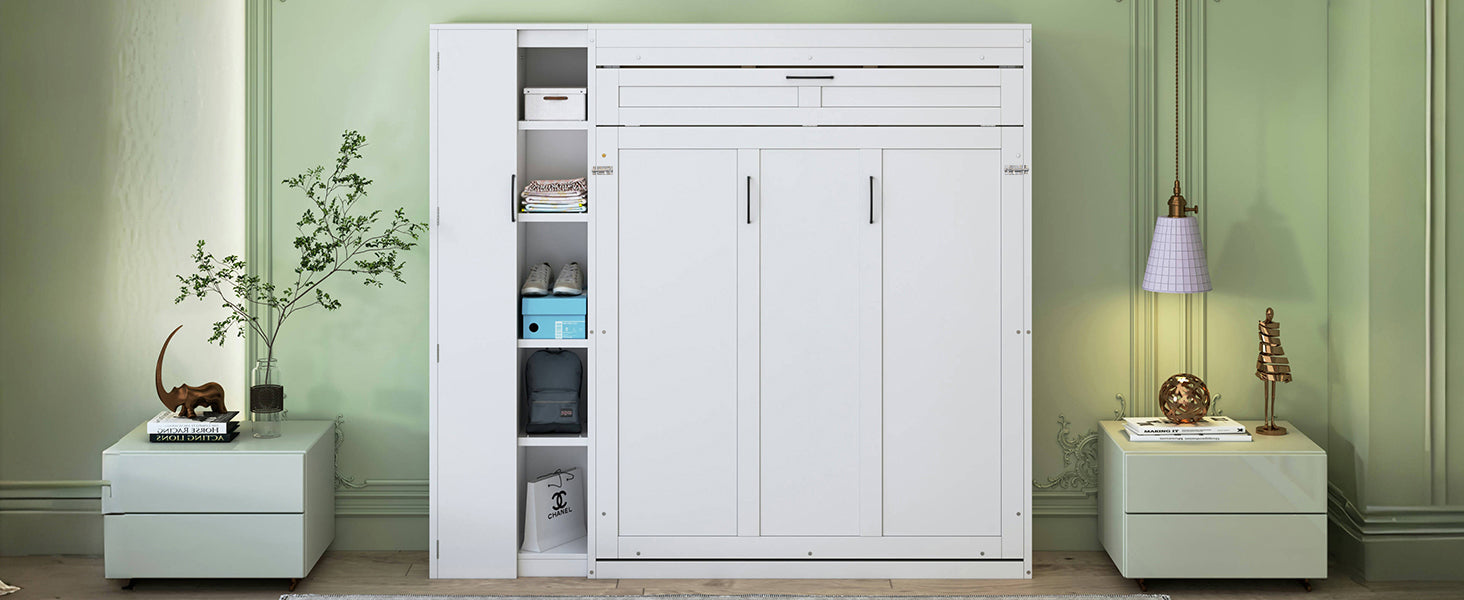 Start2Finish Murphy queen wall bed with shelves, wardrobe storage, and LED lighting in MDF and LVL for bedroom or home office