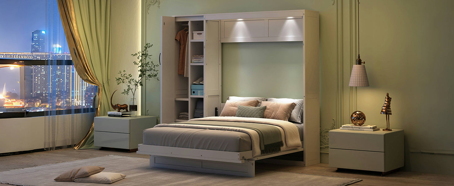 Start2Finish Murphy queen wall bed with shelves, wardrobe storage, and LED lighting for bedroom or home office use.