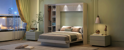 Start2Finish Murphy queen wall bed with shelves, wardrobe storage, and LED lighting for bedroom or home office use.